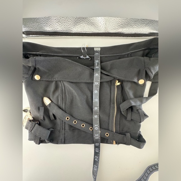 Wow Couture Black Off-Shoulder Belted Long Sleeves Bondage Top Gold Accents - Picture 11 of 13